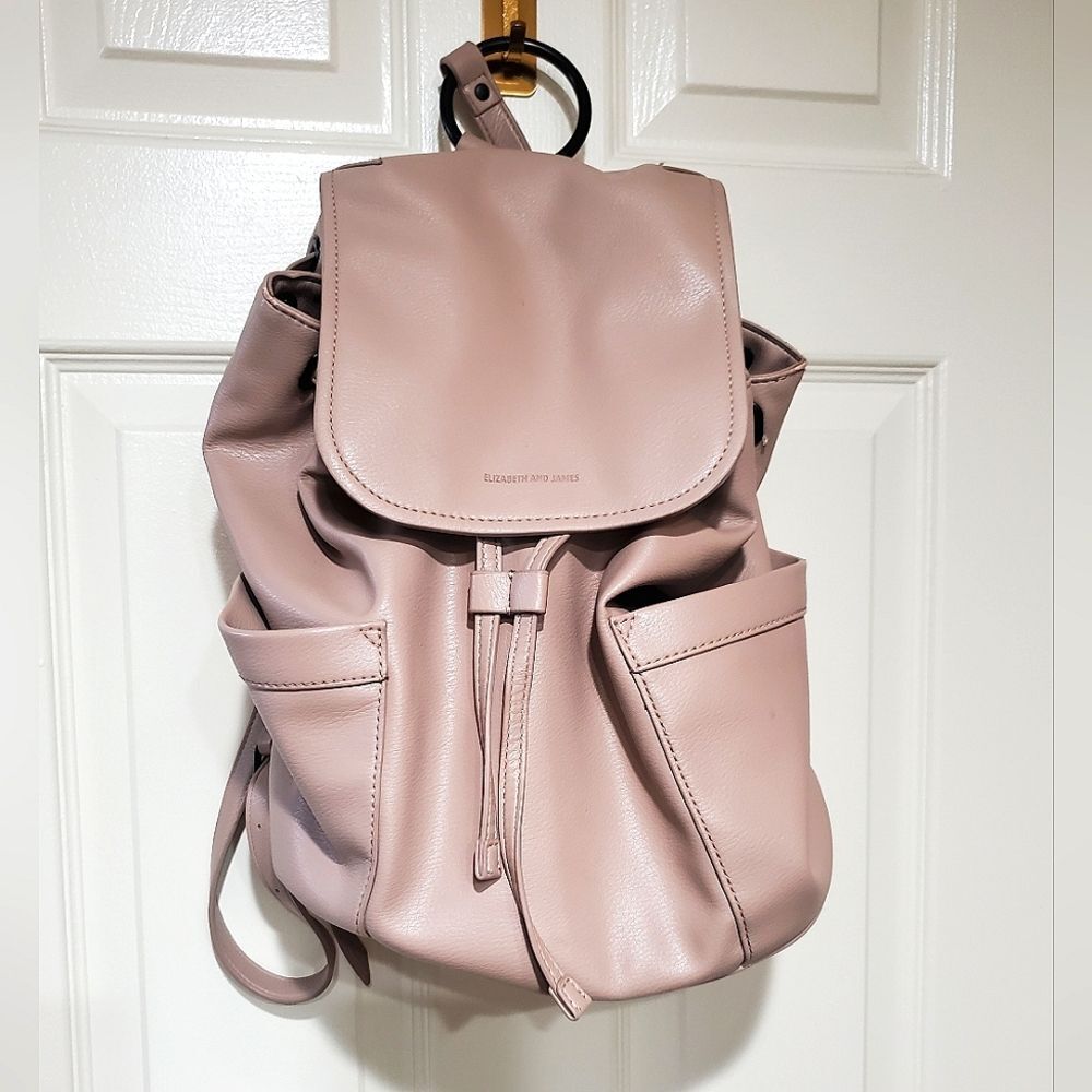 Elizabeth & James Tan Beige Slouchy Bucket Vegan Leather Drawstring Backpack EUC